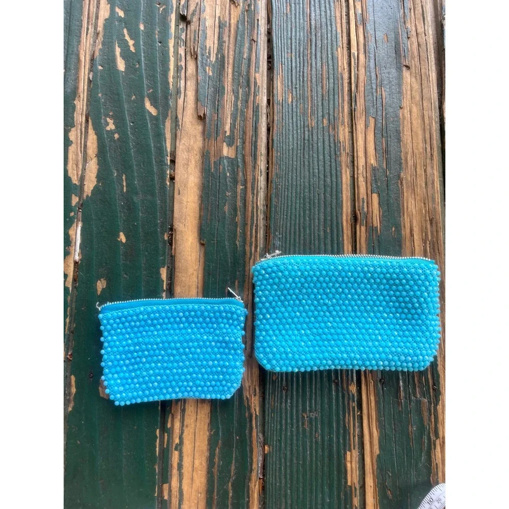 Vintage Turquoise Blue Beaded Zipper Pouch Set Coin‎ Purse Makeup Bag 2pc